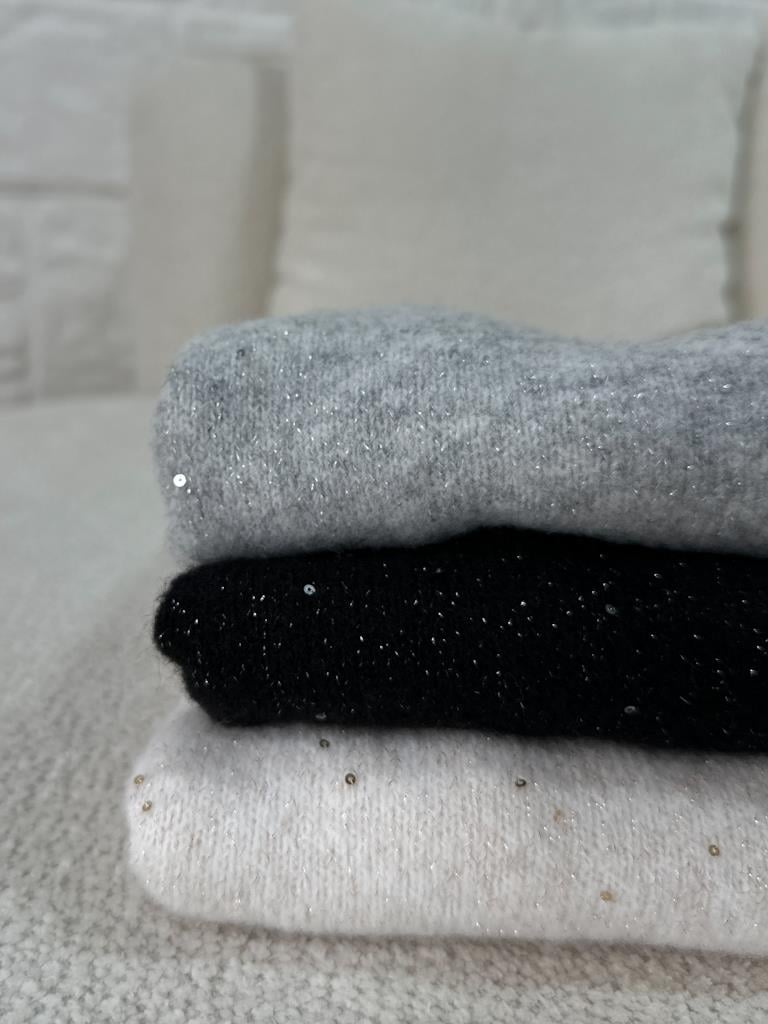 Dilvin Bisiklet Yaka Pullu Simli Triko Kazak Gri