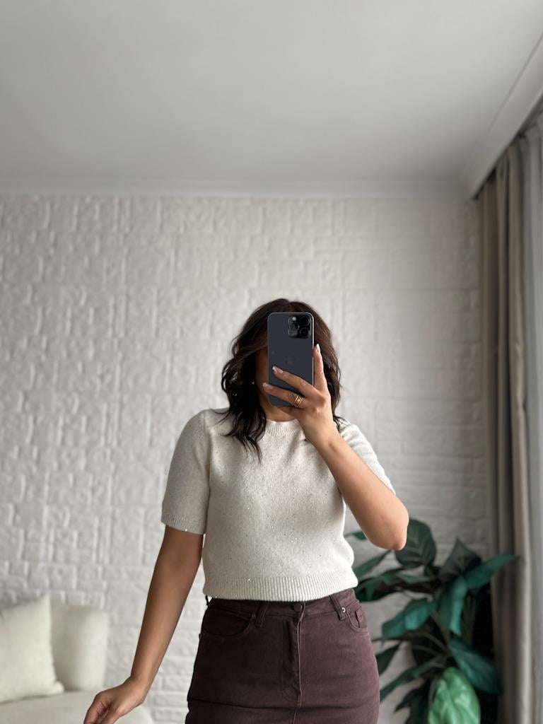 Dilvin Bisiklet Yaka Pullu Simli Triko Kazak Krem