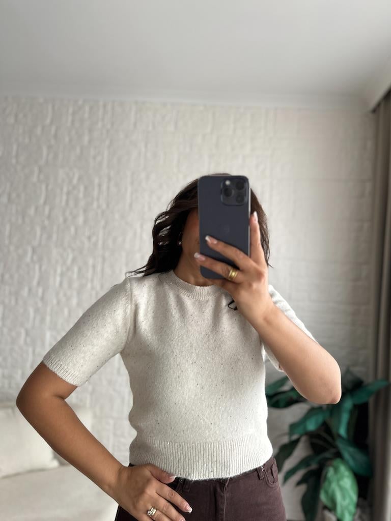 Dilvin Bisiklet Yaka Pullu Simli Triko Kazak Krem