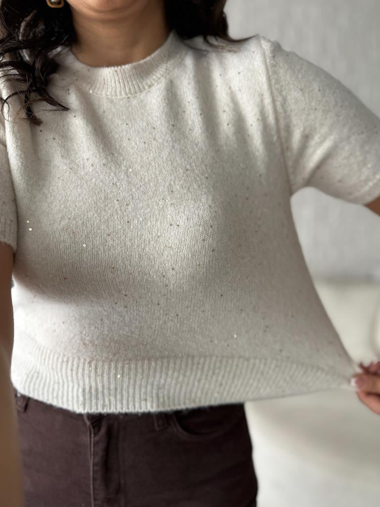 Dilvin Bisiklet Yaka Pullu Simli Triko Kazak Krem