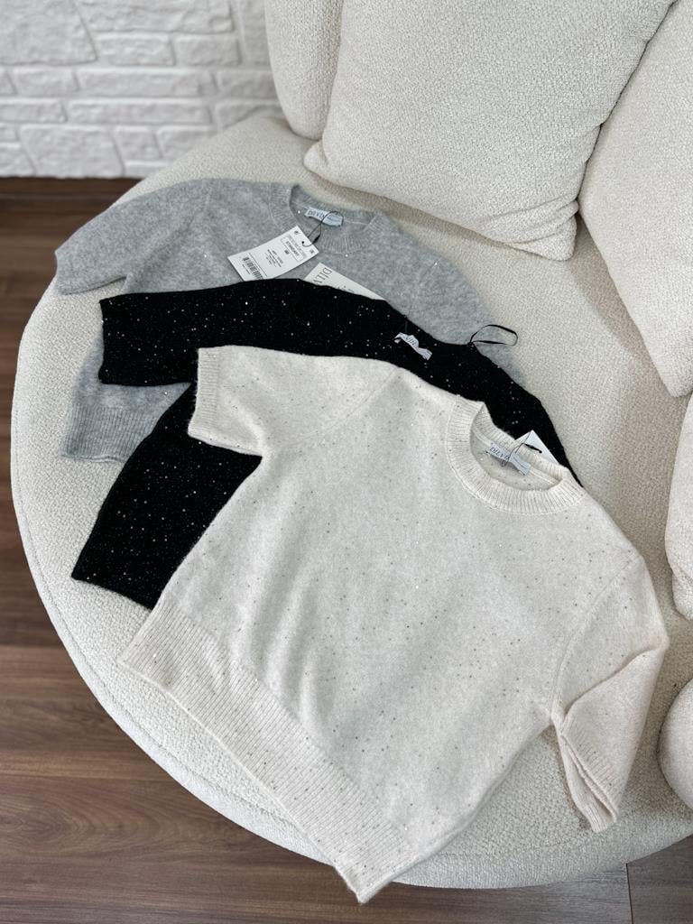 Dilvin Bisiklet Yaka Pullu Simli Triko Kazak Siyah