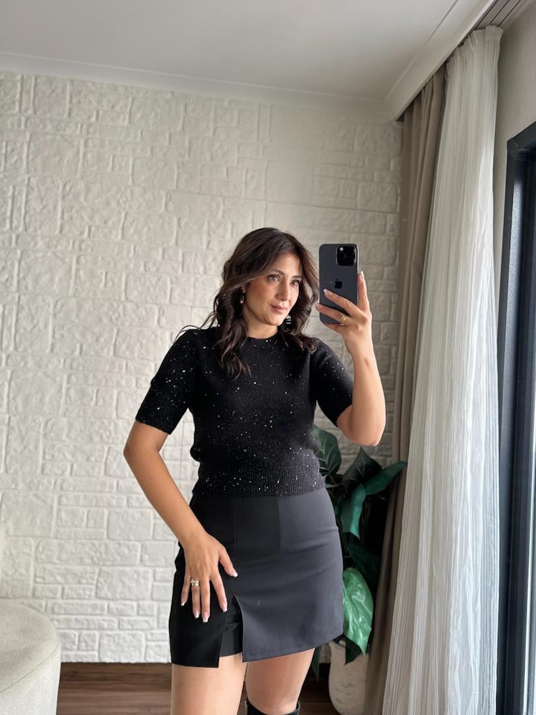 Dilvin Bisiklet Yaka Pullu Simli Triko Kazak Siyah