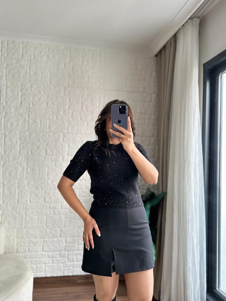 Dilvin Bisiklet Yaka Pullu Simli Triko Kazak Siyah