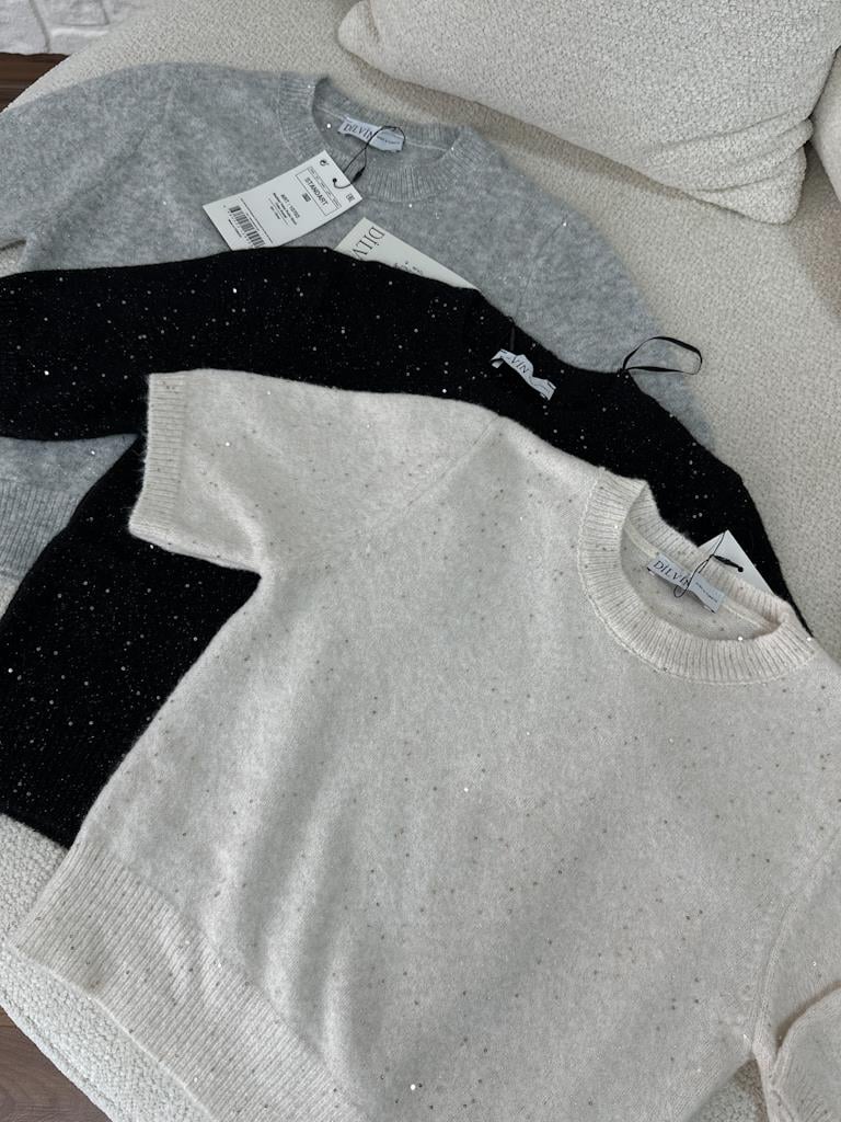 Dilvin Bisiklet Yaka Pullu Simli Triko Kazak Siyah