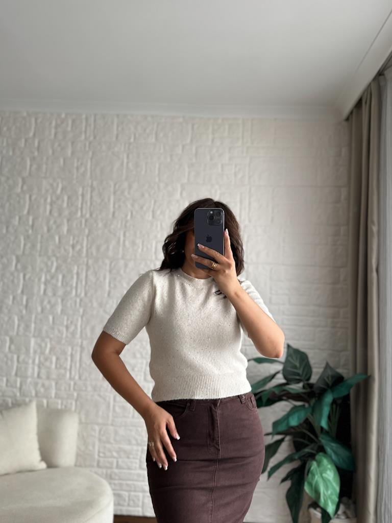 Dilvin Bisiklet Yaka Pullu Simli Triko Kazak Krem