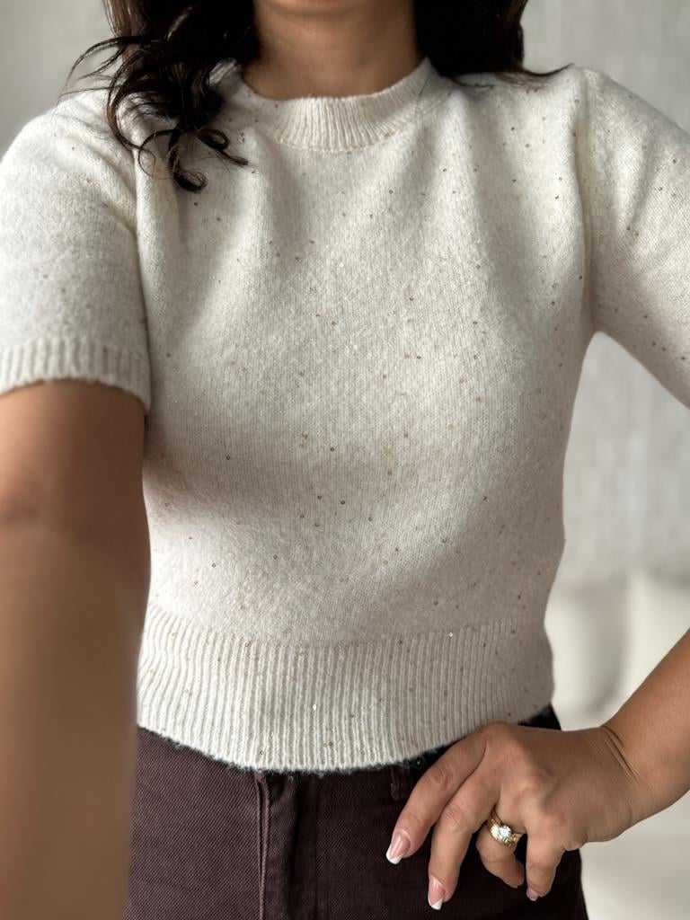 Dilvin Bisiklet Yaka Pullu Simli Triko Kazak Krem