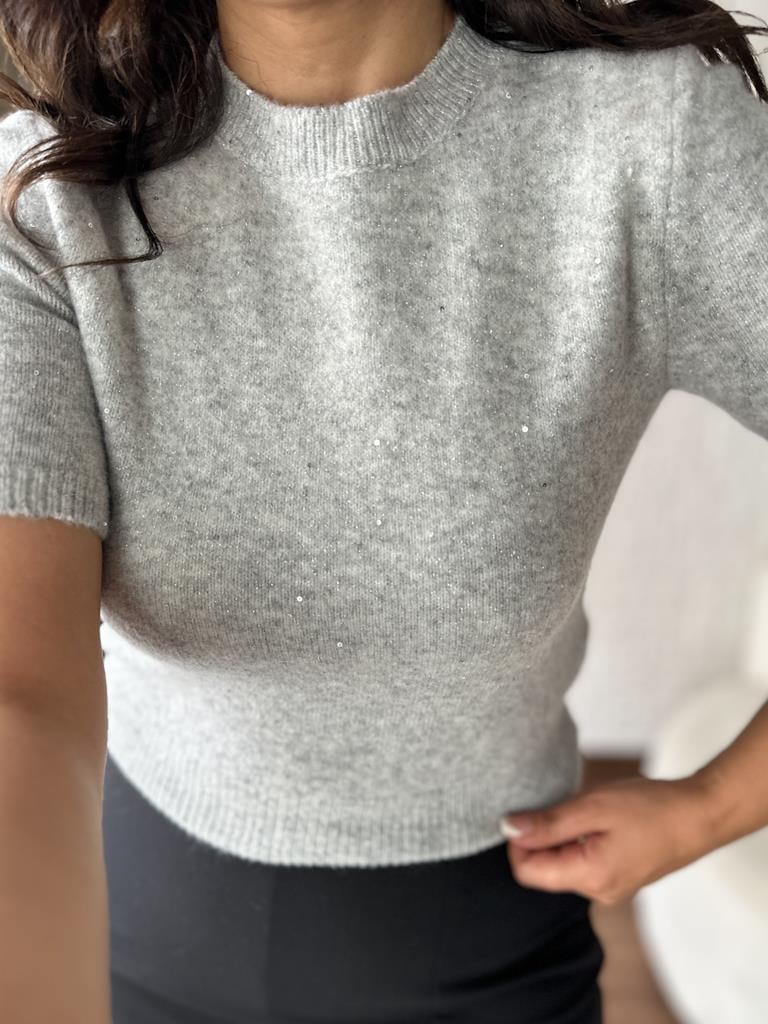 Dilvin Bisiklet Yaka Pullu Simli Triko Kazak Gri