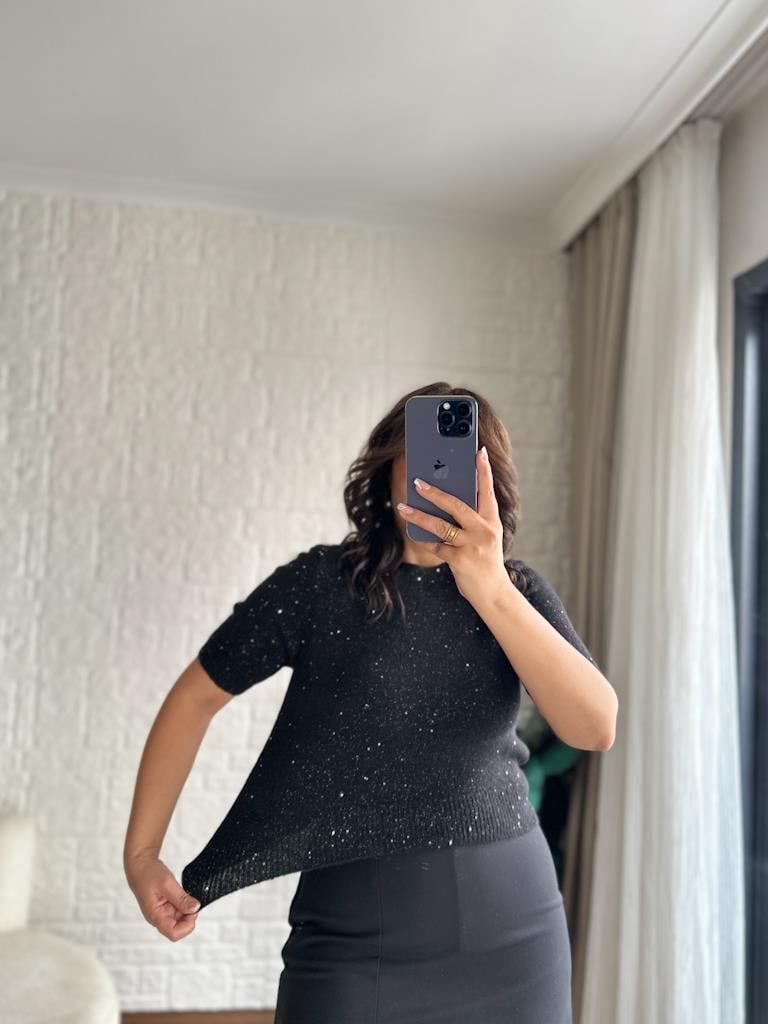 Dilvin Bisiklet Yaka Pullu Simli Triko Kazak Siyah