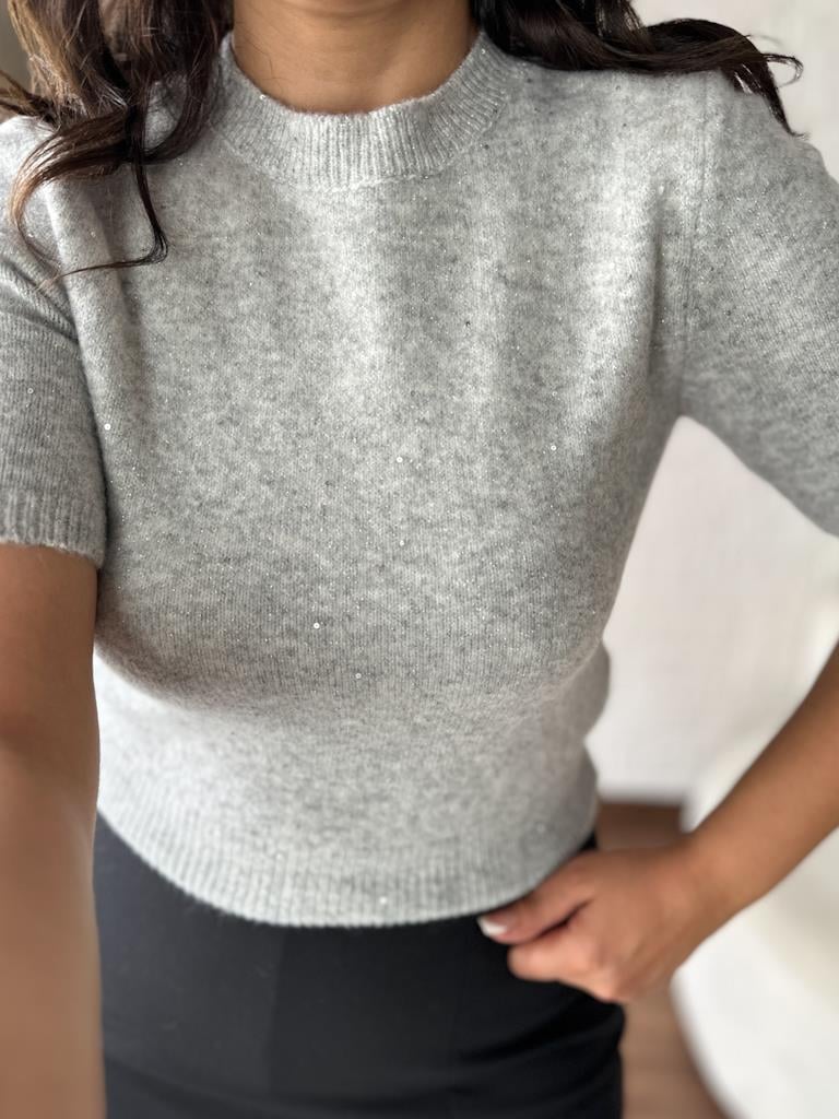 Dilvin Bisiklet Yaka Pullu Simli Triko Kazak Gri