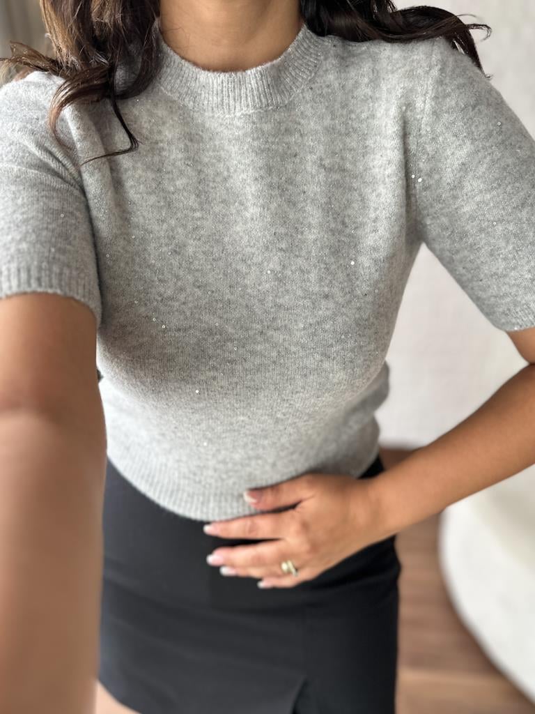 Dilvin Bisiklet Yaka Pullu Simli Triko Kazak Gri