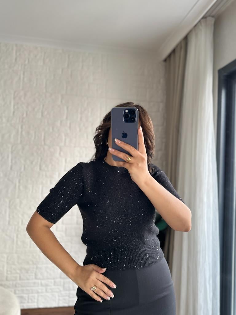 Dilvin Bisiklet Yaka Pullu Simli Triko Kazak Siyah