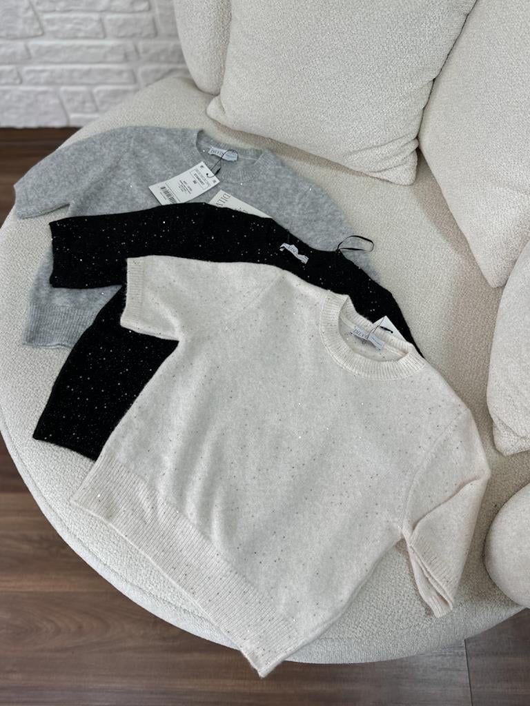 Dilvin Bisiklet Yaka Pullu Simli Triko Kazak Gri