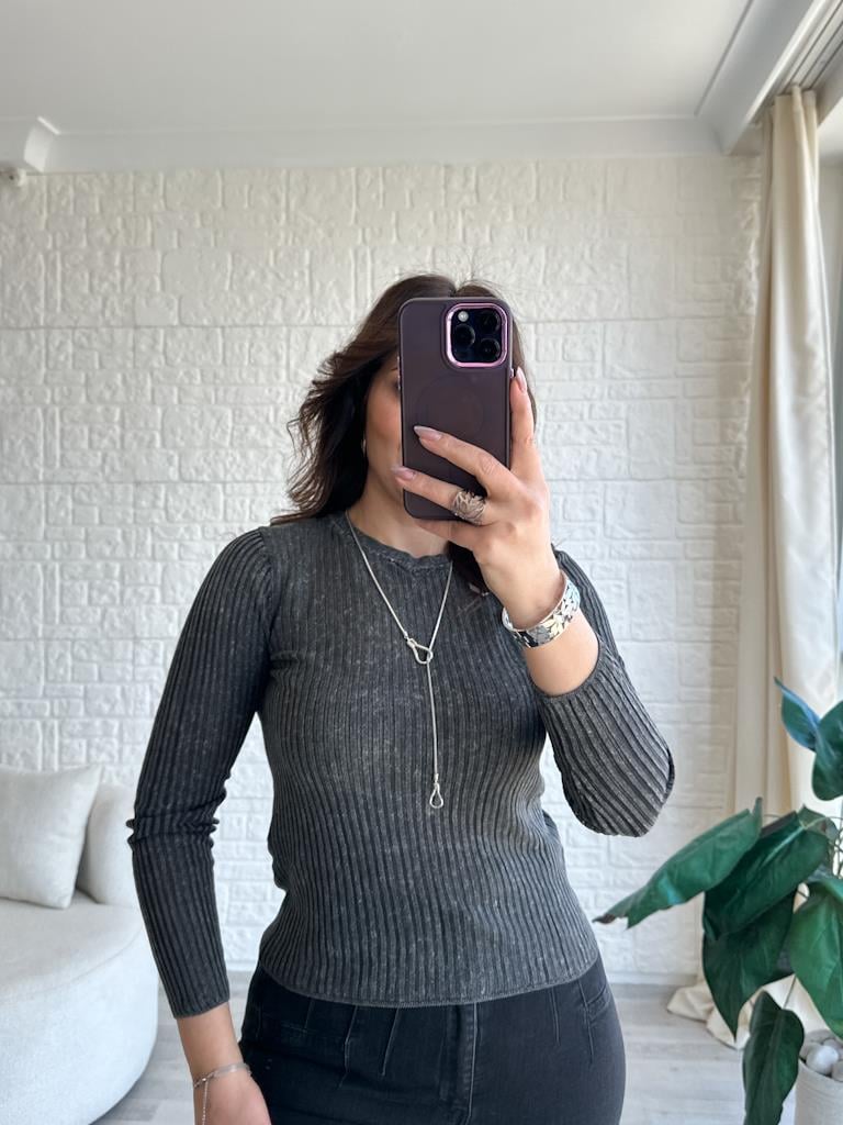 Dilvin Bisiklet Yaka Transparan Bluz Eskitme Antrasit