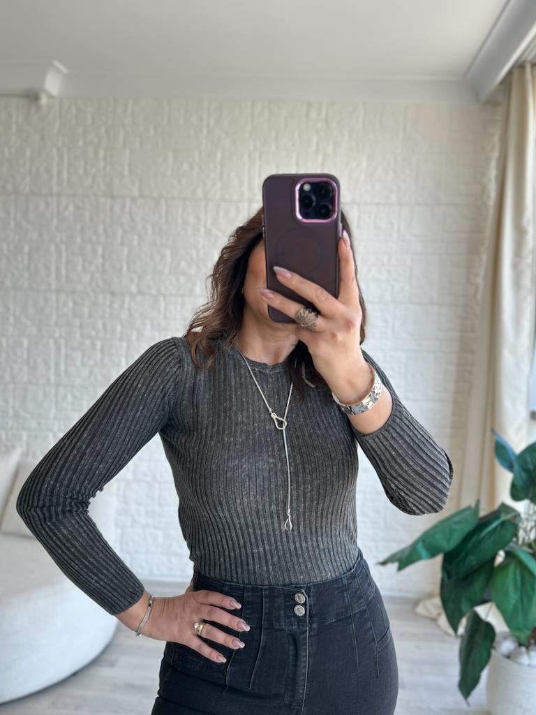 Dilvin Bisiklet Yaka Transparan Bluz Eskitme Antrasit