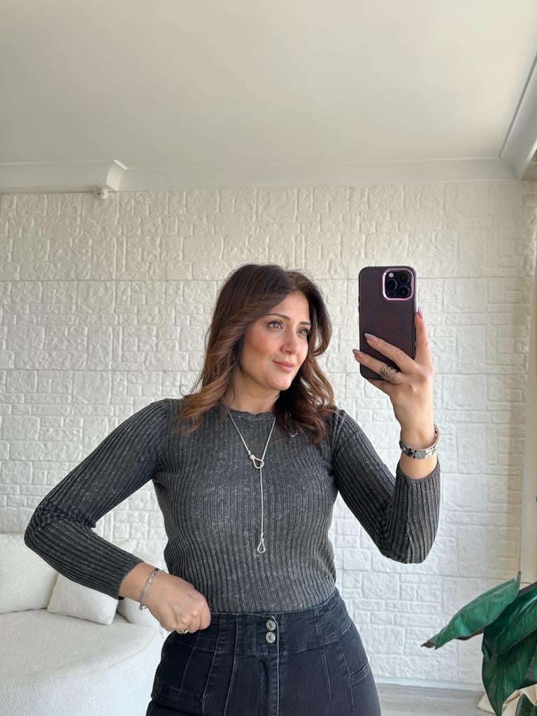 Dilvin Bisiklet Yaka Transparan Bluz Eskitme Antrasit