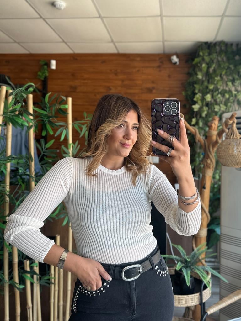 Dilvin Bisiklet Yaka Transparan Bluz Ekru