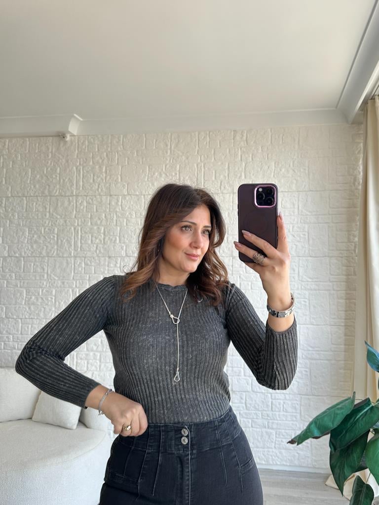 Dilvin Bisiklet Yaka Transparan Bluz Eskitme Antrasit