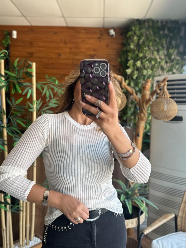 Dilvin Bisiklet Yaka Transparan Bluz Ekru