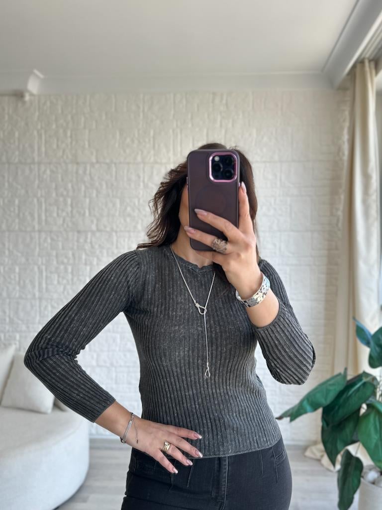 Dilvin Bisiklet Yaka Transparan Bluz Eskitme Antrasit