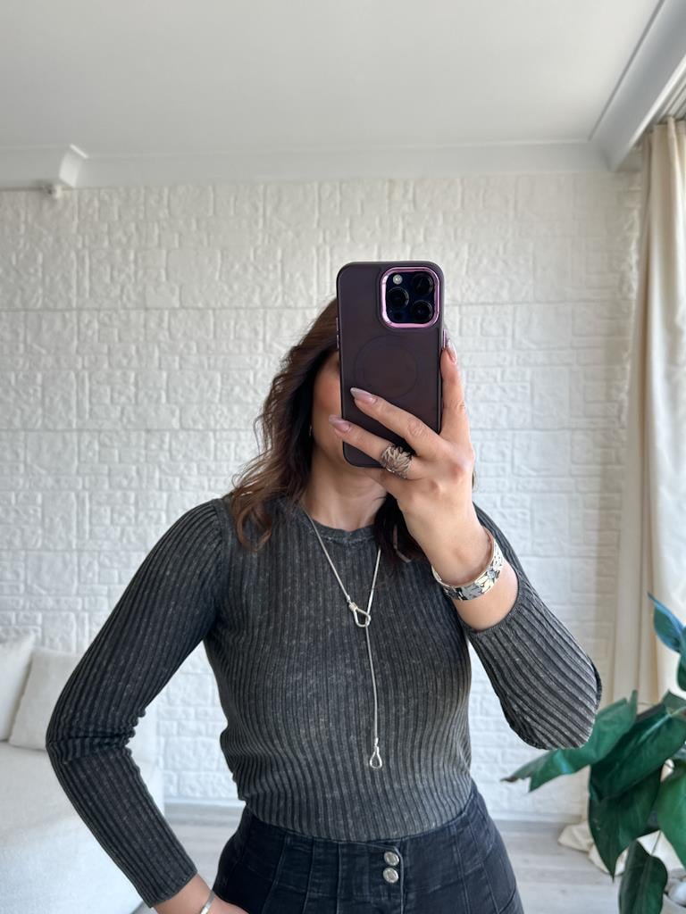 Dilvin Bisiklet Yaka Transparan Bluz Eskitme Antrasit