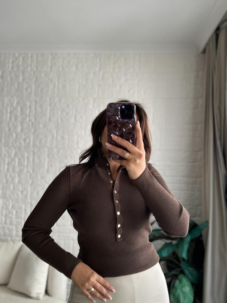 Dilvin Dik Yaka Çıtçıtlı Premium Triko Kazak Kahverengi