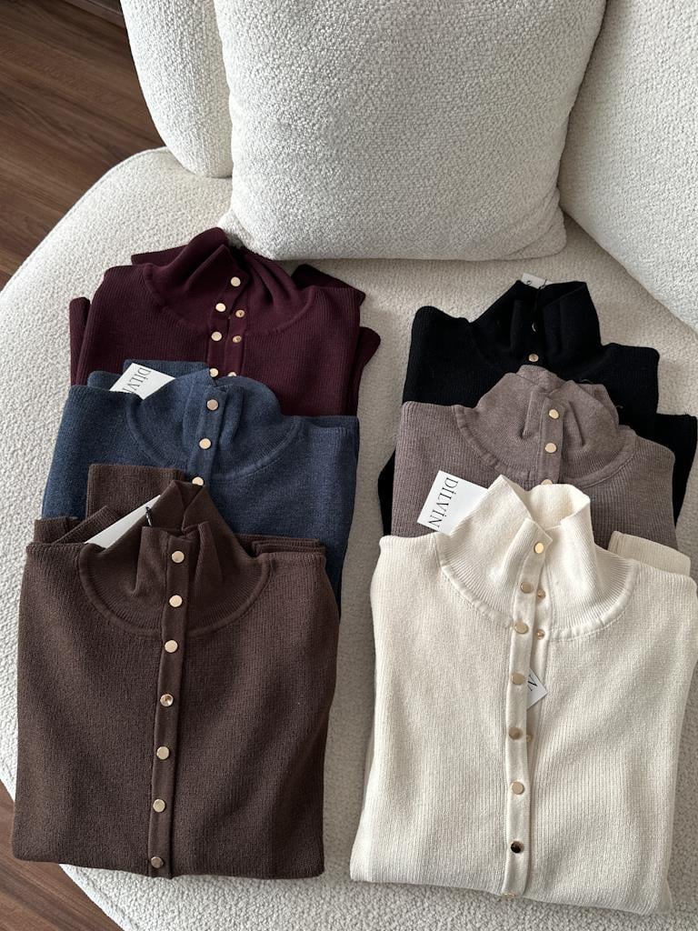 Dilvin Dik Yaka Çıtçıtlı Premium Triko Kazak Kahverengi