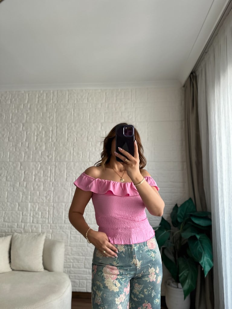 Dilvin Omuzları Açık Bluz Pembe
