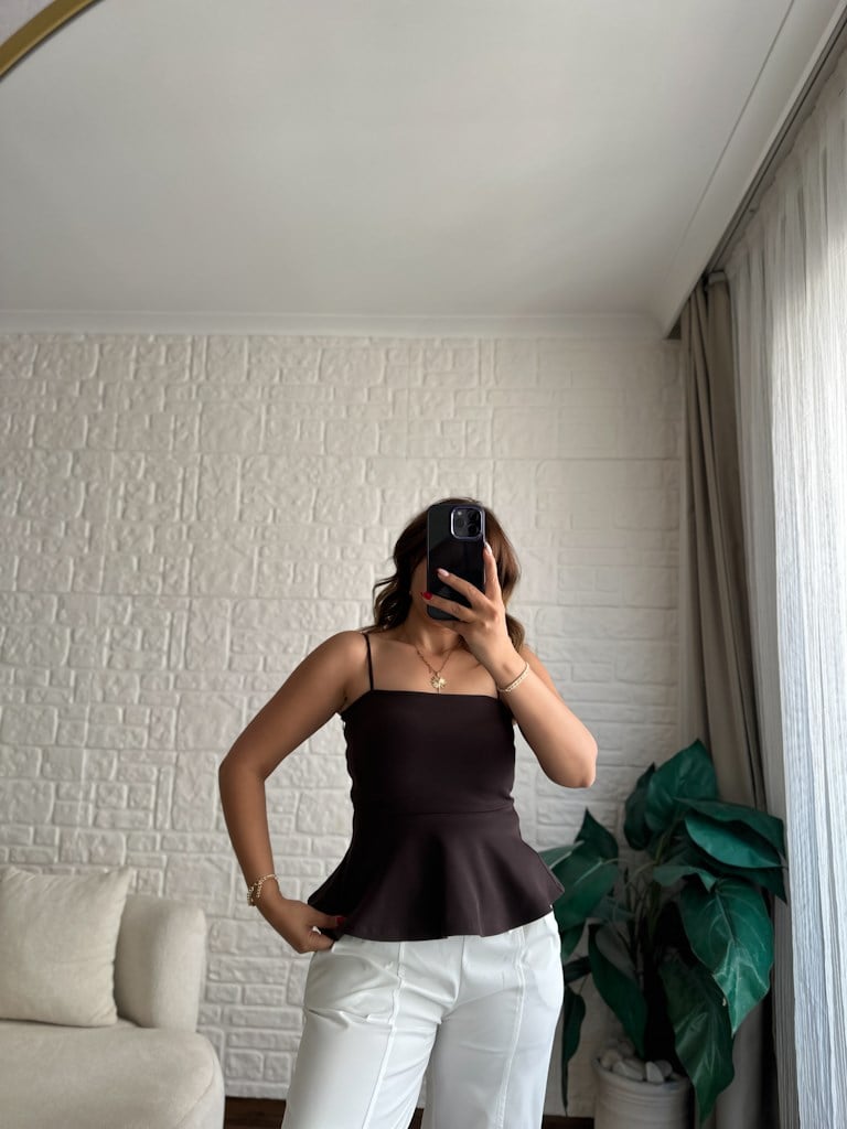 Dilvin Premium Askılı Bluz Kahverengi