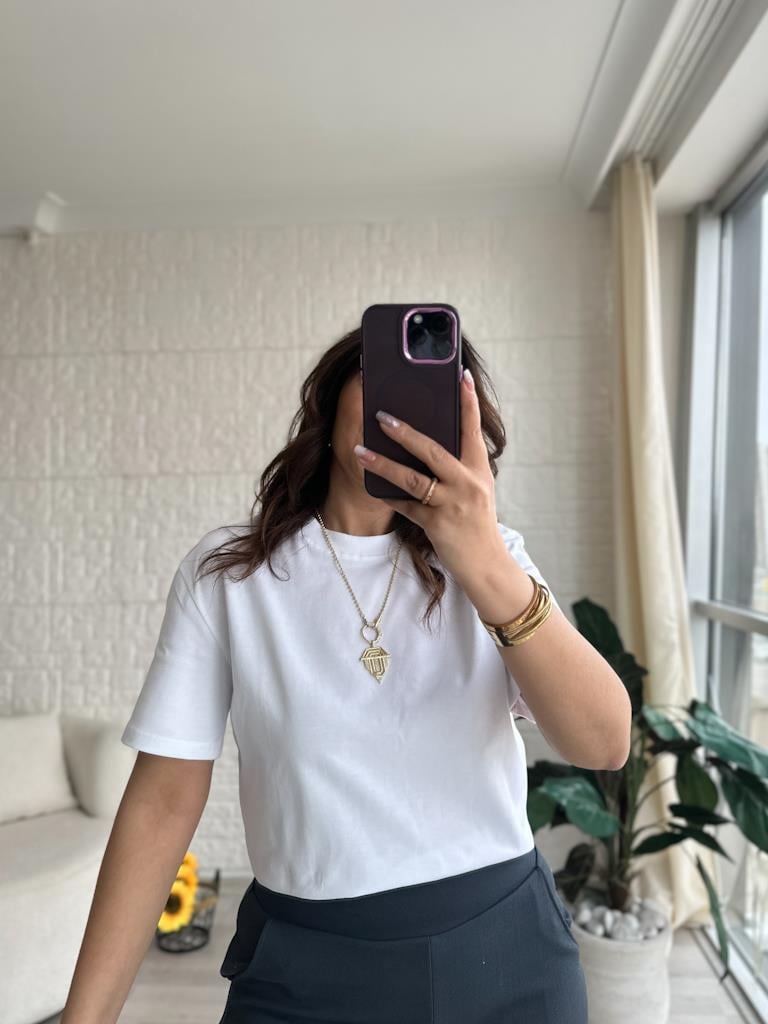 Dilvin Tok Kumaş Bisiklet Yaka Basic Tişört Beyaz