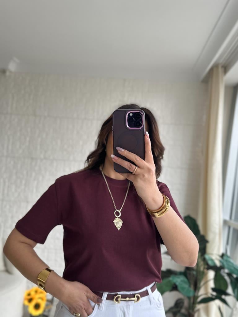 Dilvin Tok Kumaş Bisiklet Yaka Basic Tişört Bordo