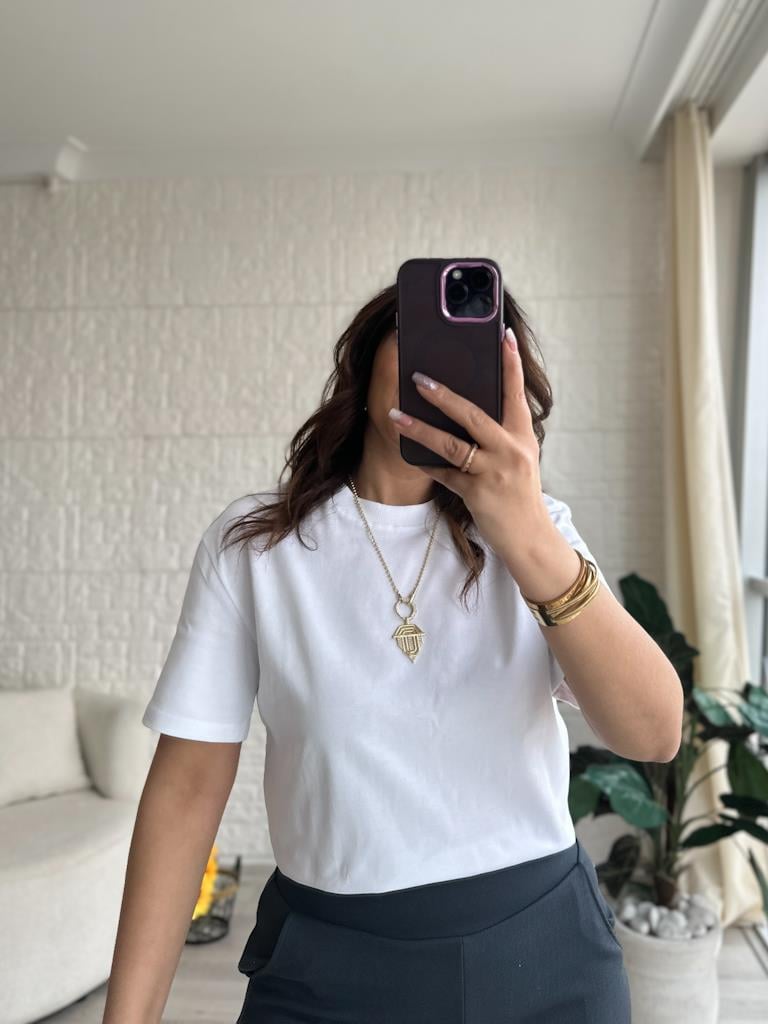 Dilvin Tok Kumaş Bisiklet Yaka Basic Tişört Beyaz