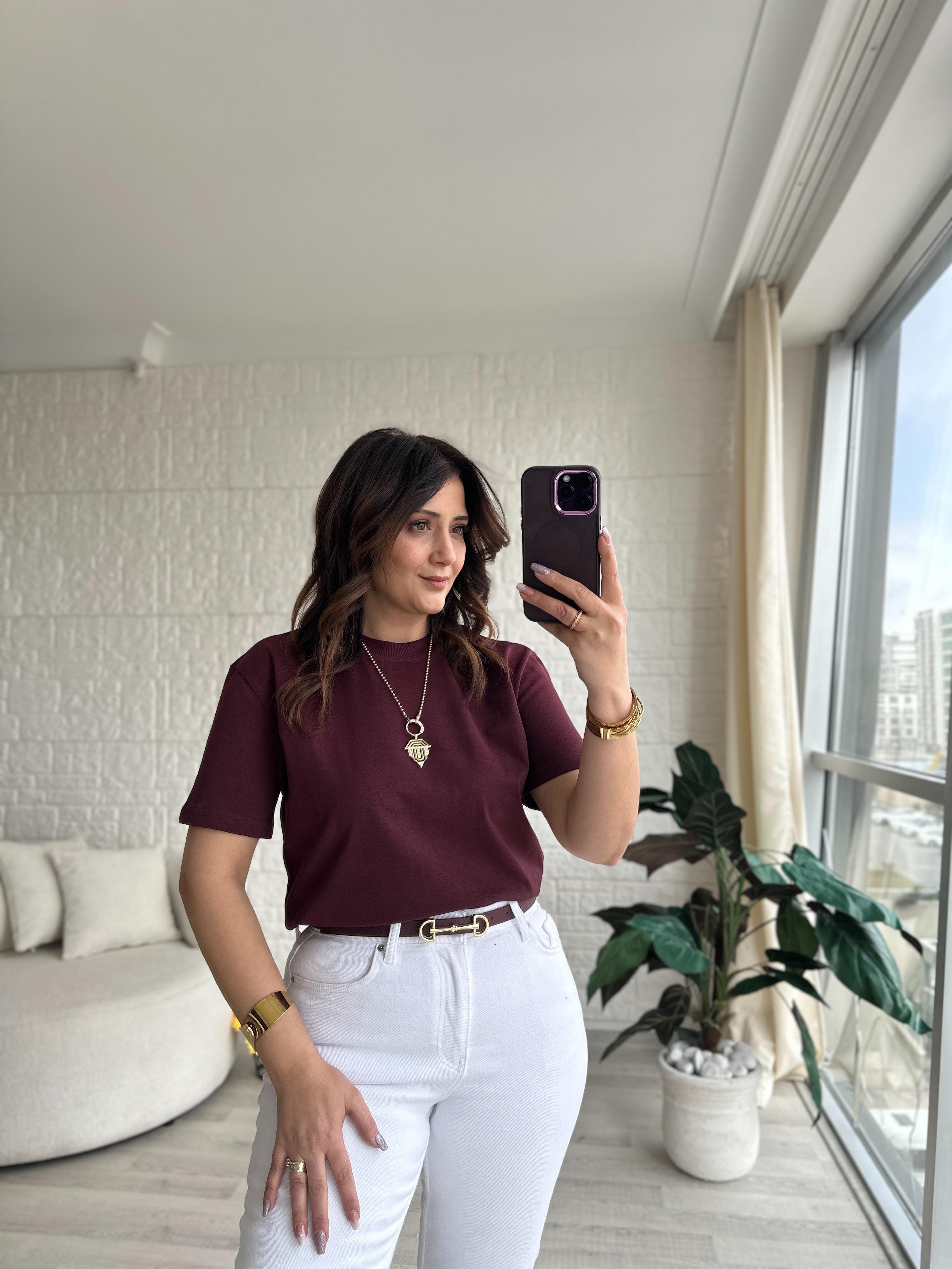 Dilvin Tok Kumaş Bisiklet Yaka Basic Tişört Bordo