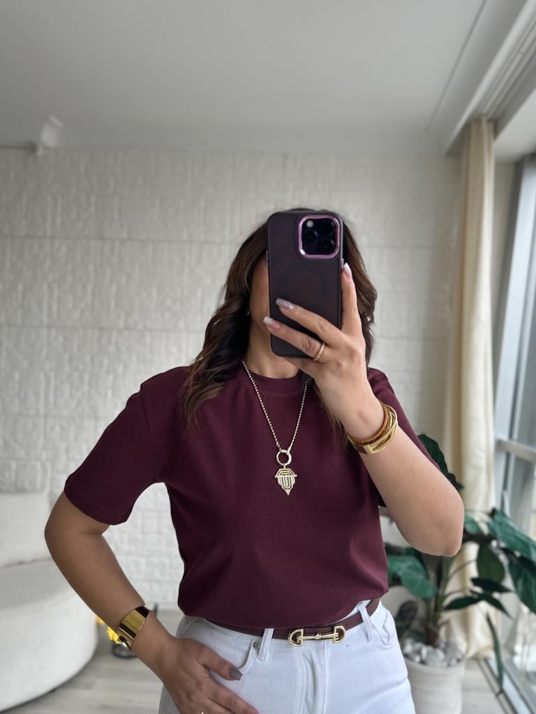 Dilvin Tok Kumaş Bisiklet Yaka Basic Tişört Bordo