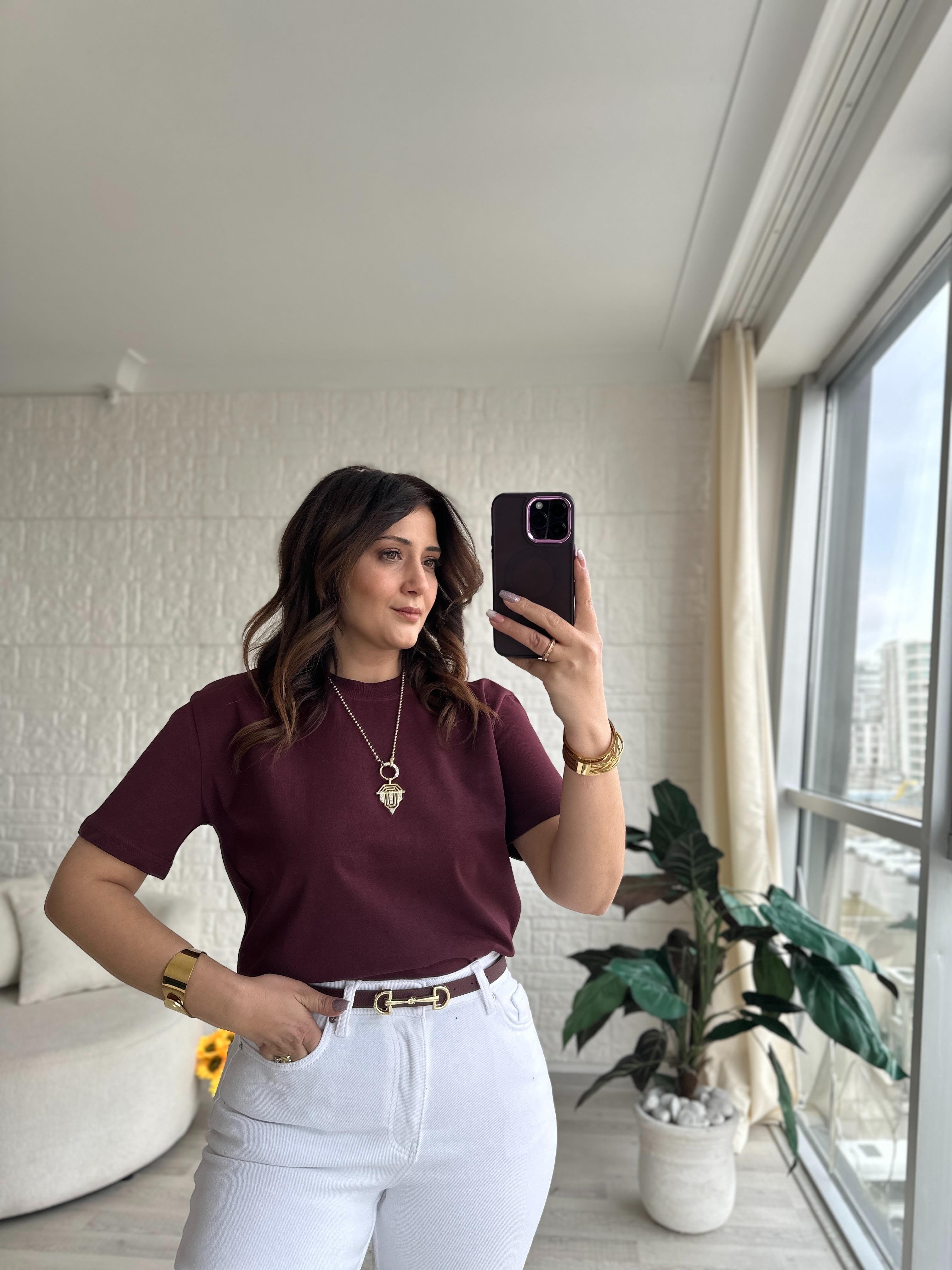 Dilvin Tok Kumaş Bisiklet Yaka Basic Tişört Bordo