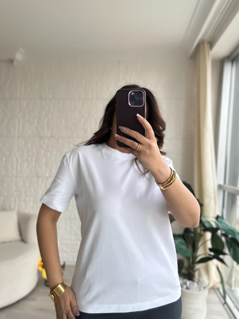 Dilvin Tok Kumaş Bisiklet Yaka Basic Tişört Beyaz