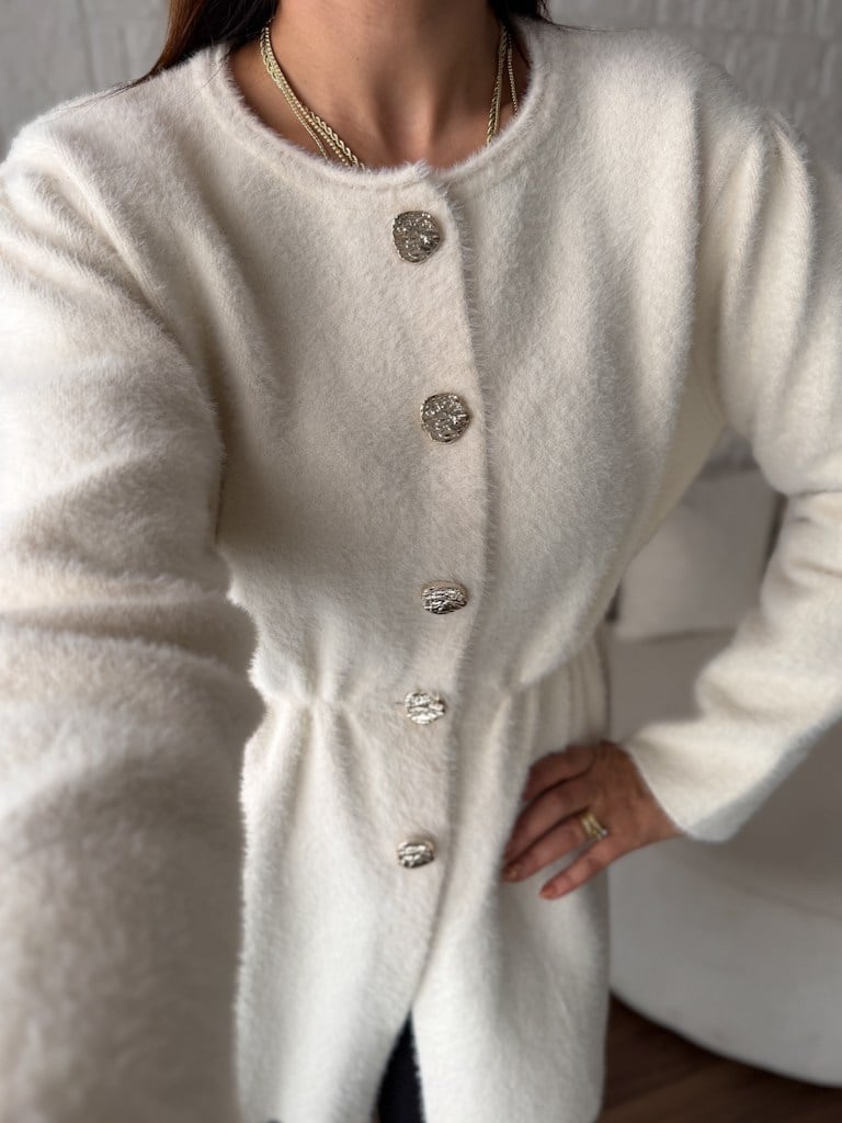 Ekru Beli Lastikli Gold Düğmeli Yumoş Tunik Hırka
