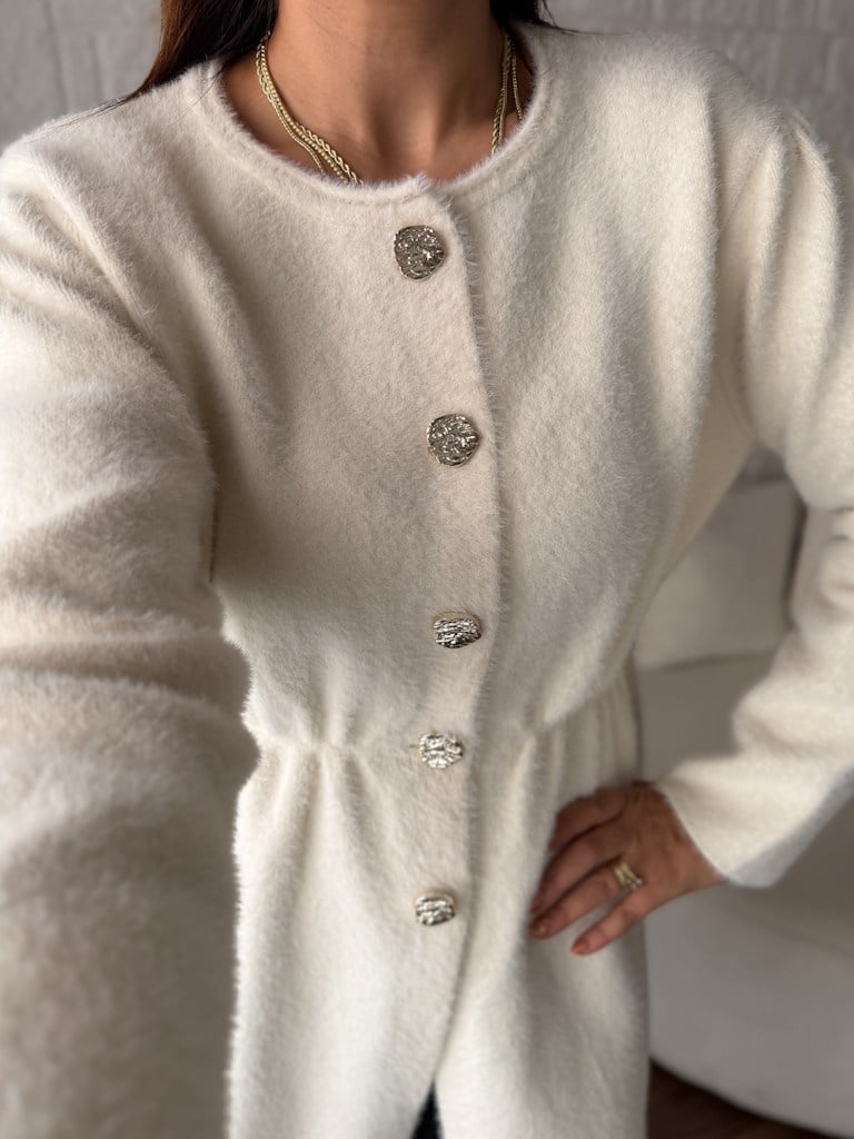Ekru Beli Lastikli Gold Düğmeli Yumoş Tunik Hırka
