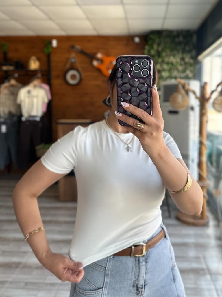 Ekru Bisiklet Yaka Basic Crop Tişört