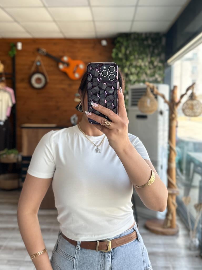 Ekru Bisiklet Yaka Basic Crop Tişört