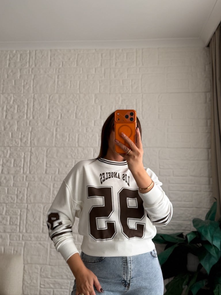 Ekru Los Angeles Baskılı İki İplik Pamuk Crop Sweat