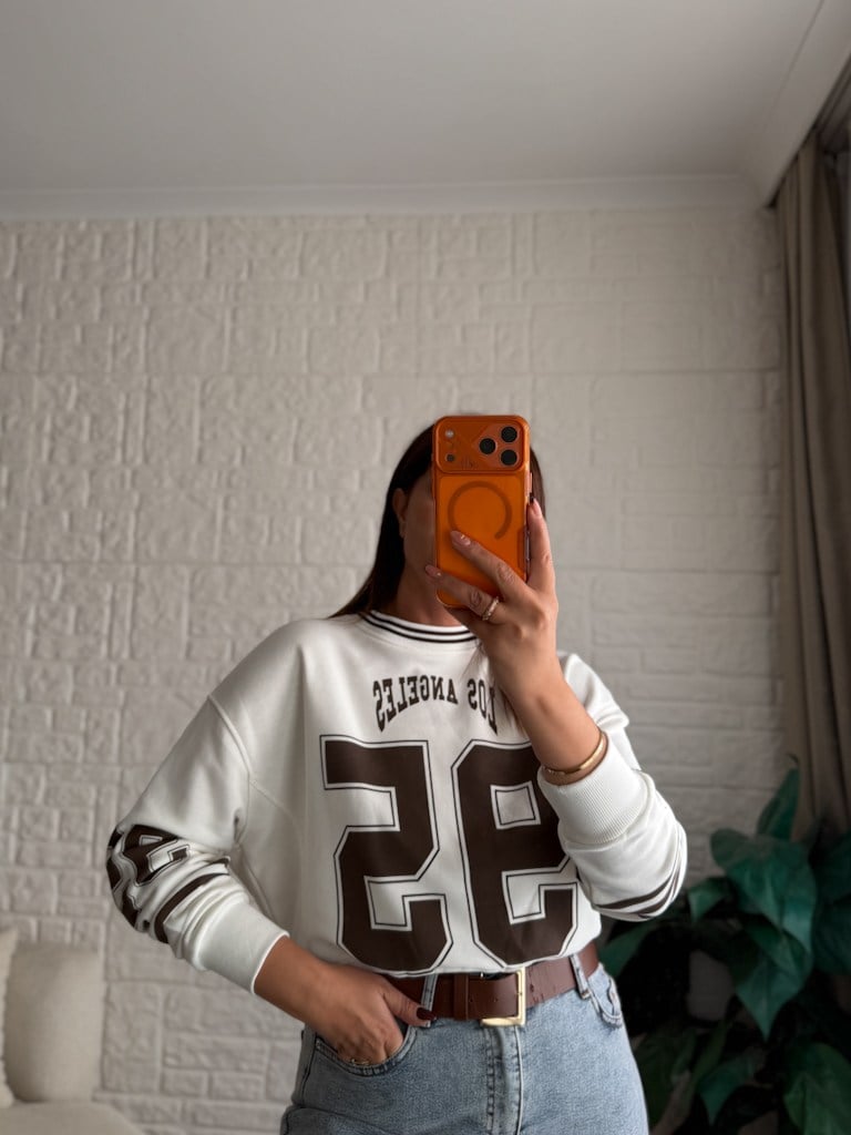 Ekru Los Angeles Baskılı İki İplik Pamuk Crop Sweat