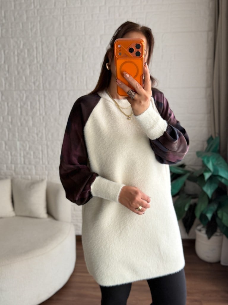 Ekru Reglan Kol Kumaş Detalı Yumoş Tunik