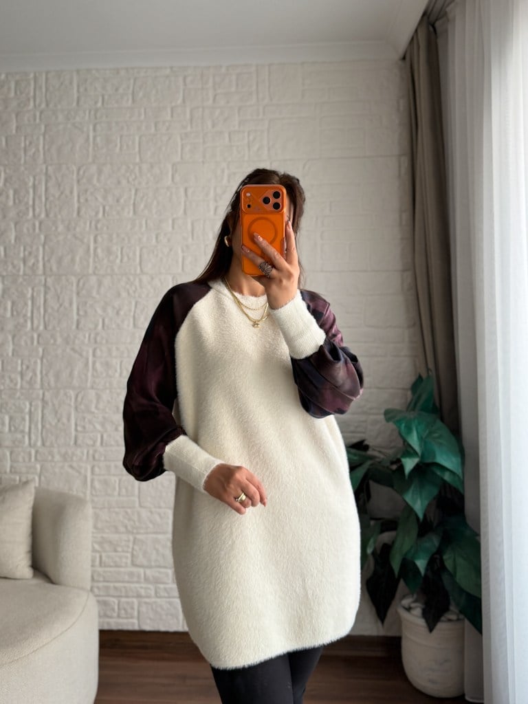 Ekru Reglan Kol Kumaş Detalı Yumoş Tunik