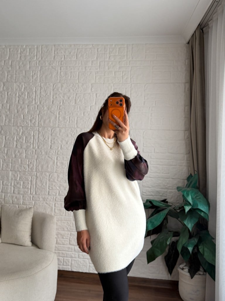 Ekru Reglan Kol Kumaş Detalı Yumoş Tunik