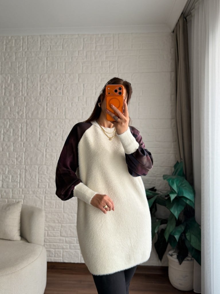 Ekru Reglan Kol Kumaş Detalı Yumoş Tunik
