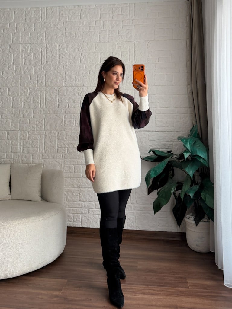 Ekru Reglan Kol Kumaş Detalı Yumoş Tunik