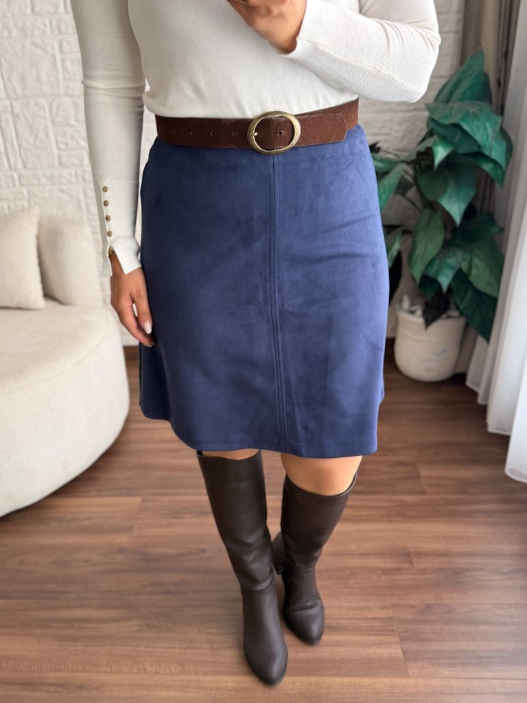 Fermuar Detaylı Midi Boy Süet Etek Lacivert