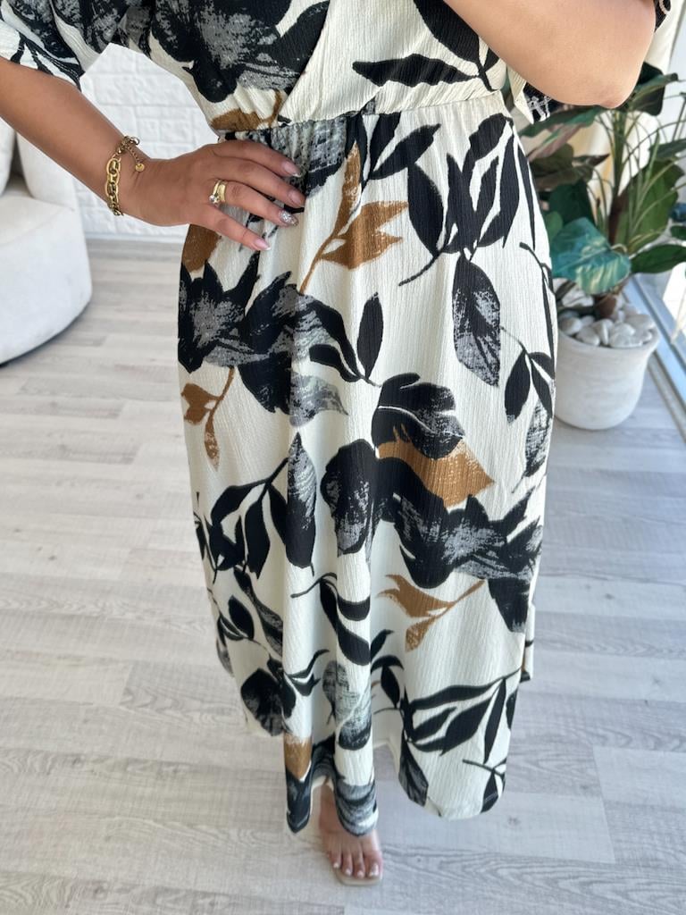 Füme Desenli Yarasa Kol Kruvaze Yaka Elbise