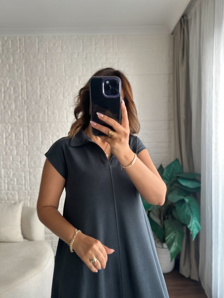 Füme Polo Yaka Pike Modal Elbise