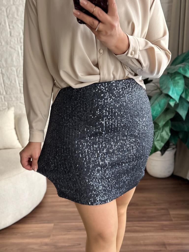 Füme Pul Payet Detaylı Beli Lastikli Likralı Etek